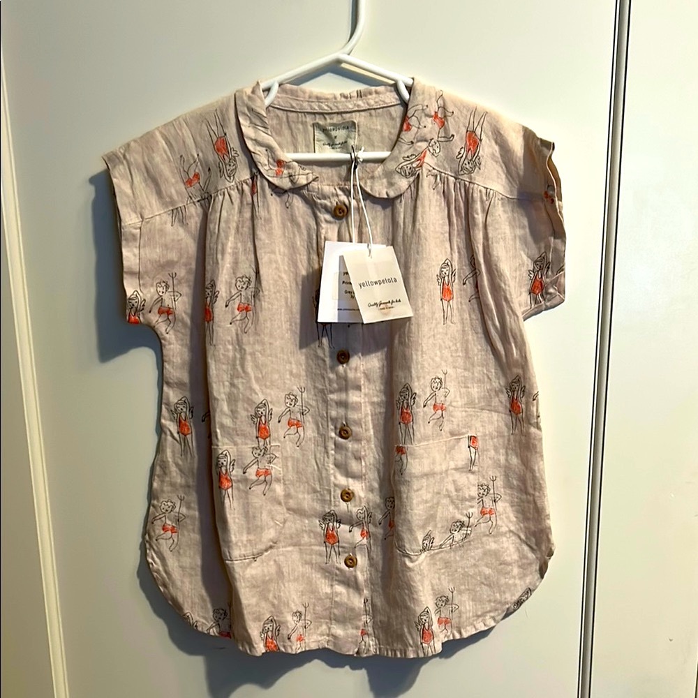 Yellow Pelota Beige Angel and Devil Print Linen Girls Dress with Pockets